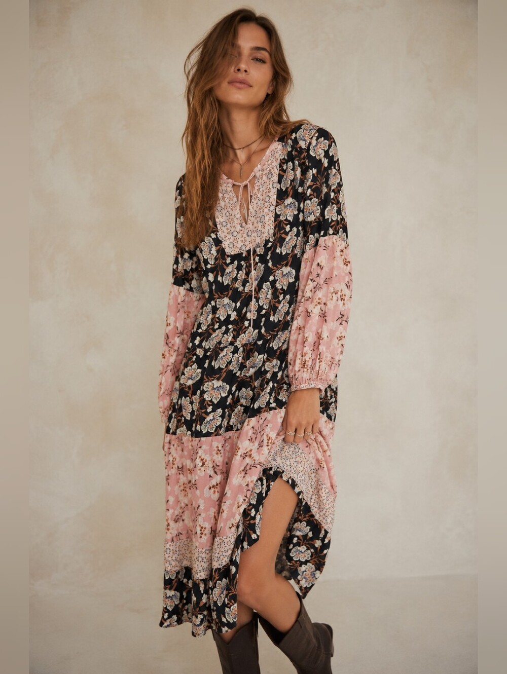 Per Una Floral Midi Dress Size 8 Flowy Boho Patchwork Long Sleeve